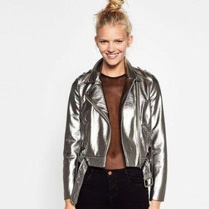 Zara Faux Leather Moto Jacket in Silver